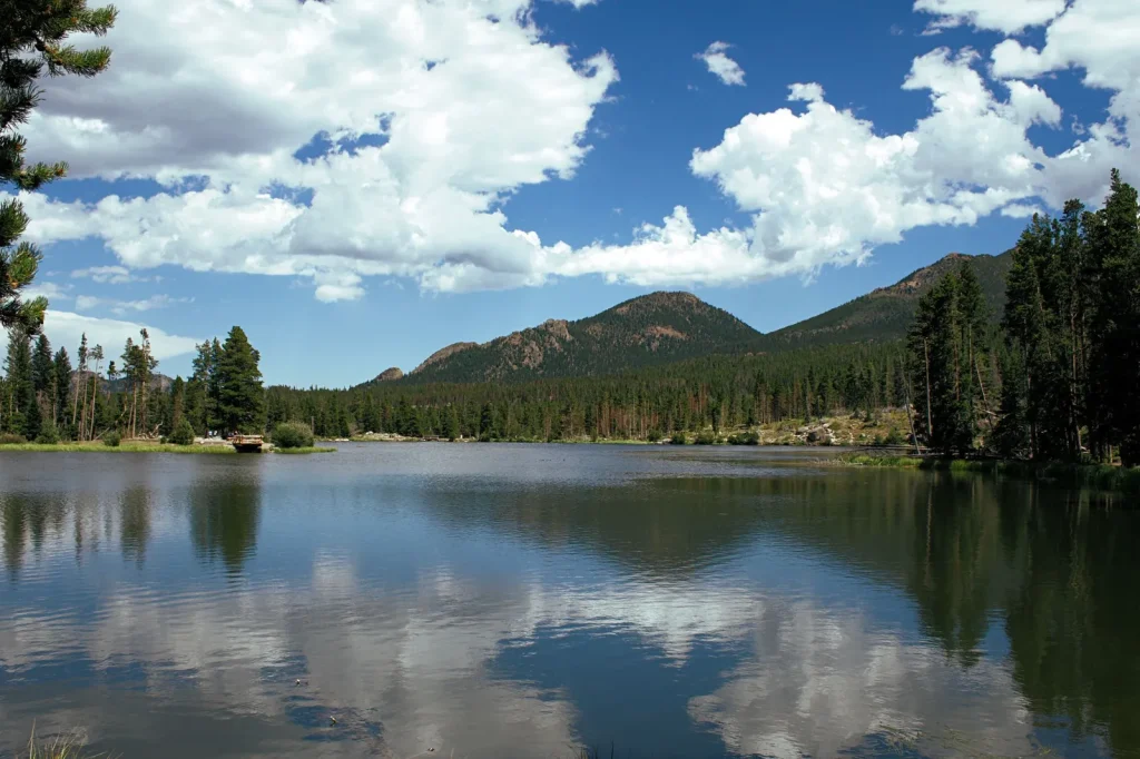 Calm mountain lake reflecting blue sky, clouds and pine forest in Colorado